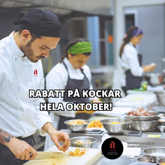 Behöver du personal till din restaurang eller hotell? 🍽️🏨
 Vi har proffs som kan hjälpa till – oavsett om du behöver folk för ett enstaka pass eller längre uppdrag. 👩‍🍳👨‍🍳

💥 Oktobererbjudande: 5% rabatt på kockar med koden KOCKALPA24. Gäller hela oktober!

Vill du veta mer om våra tjänster eller boka ett möte för att diskutera dina behov? Hör av dig till oss! 💬

#bemanning #hotellpersonal #restaurangpersonal #kockar #bemanningsföretag #personalstöd #kundservice #rabatt
#HotellRestaurang #TeamWork #Alpabemanning #Bemanning #Hotellpersonal #Restaurangpersonal #Catering #Event #Alpa #Hotell
