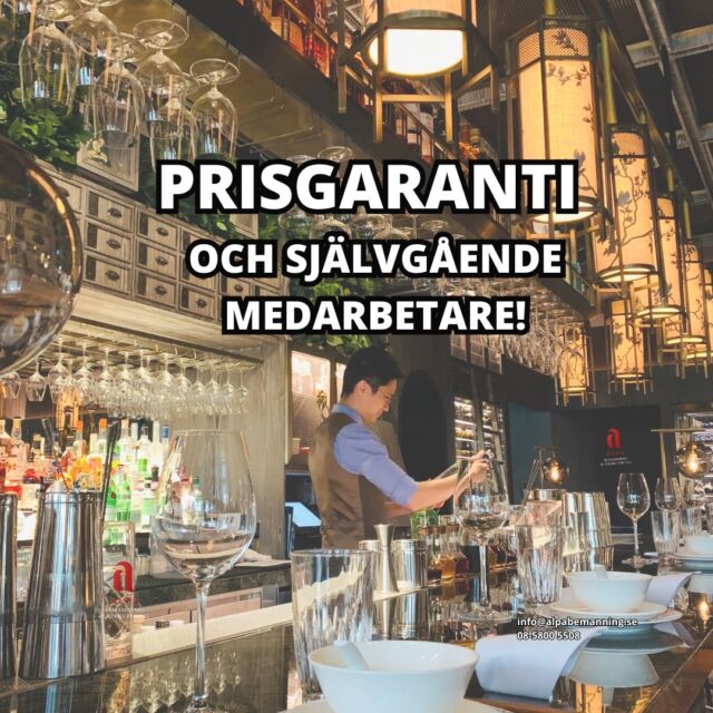Hyr den bästa personalen med trygghet – PRISGARANTI och självgående medarbetare!

Vi på Alpa Bemanning är stolta över att vara en pålitlig partner inom bemanning för hotell- och restaurangbranschen. Oavsett om du behöver serveringspersonal, kockar, diskare eller housekeeping, så levererar vi självgående och kompetenta medarbetare som snabbt blir en del av ditt team. 

Vad som gör oss unika:
* Prisgaranti: Vi erbjuder alltid konkurrenskraftiga priser och matchar dem mot andra auktoriserade bemanningsföretag.
* Självgående personal: Vår personal är utbildad och erfaren, redo att ta ansvar och leverera med hög standard från dag ett.
* Medlemmar i Kompetensföretagen: Som medlemmar i Kompetensföretagen och med full respekt för kollektivavtal, kan du känna dig trygg med att vi alltid följer branschens regelverk och arbetar för en hållbar arbetsmiljö.

Låt oss hjälpa dig att säkerställa att din verksamhet flyter på smidigt, även vid toppar och oväntade behov. 
Kontakta oss idag för mer information eller för att boka personal direkt.

Vi ser fram emot att hjälpa dig skapa fantastiska upplevelser för dina gäster!

Med vänliga hälsningar,
Alpa Bemanning #HotellRestaurang #TeamWork #Alpabemanning #Bemanning #Hotellpersonal #Restaurangpersonal #Catering #Event #Alpa #Hotell